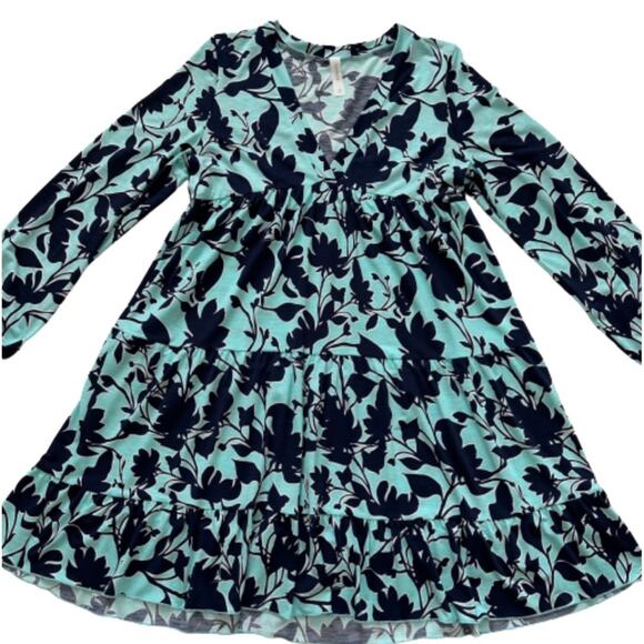 Honeyme Dress Light Blue Navy Floral Print Boho V-Neck Long Sleeve Tiered Small - Picture 11 of 12